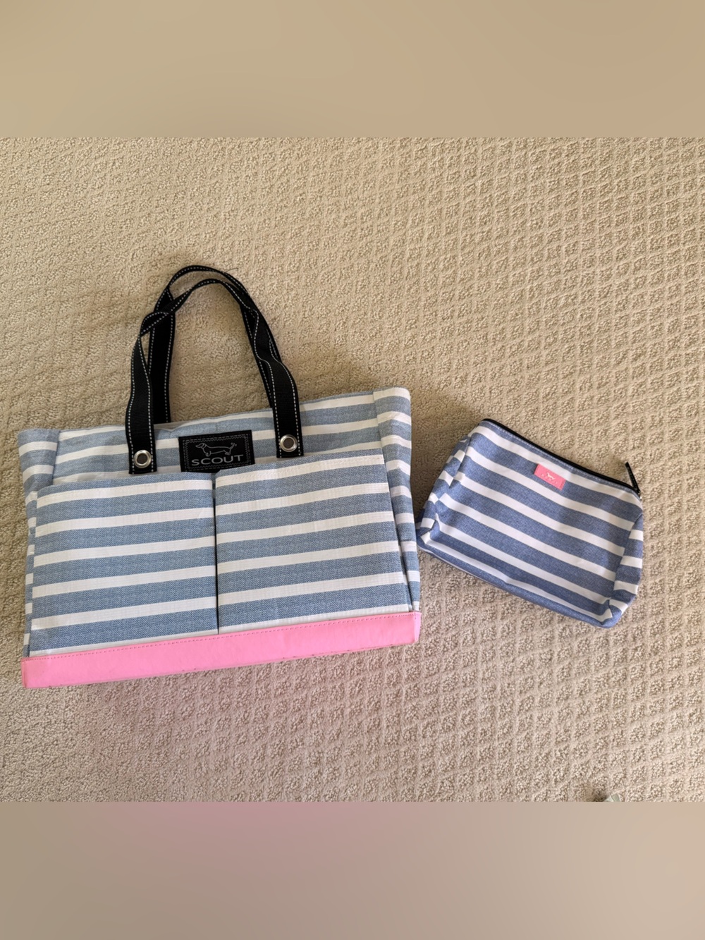 SCOUT Blue and White Striped Tote with Pink Accent
